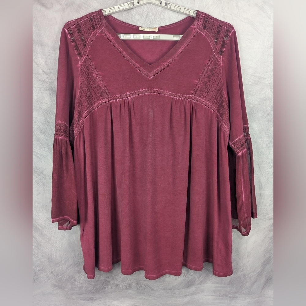 Ruff Hewn 3X Burgundy Blouse Peasant/Boho Sheer Cuffs
